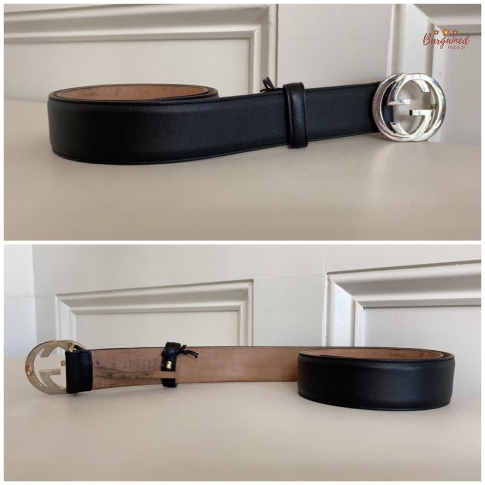 Authentic Gucci Black Calfskin Leather Silver Interlocking G Buckle Belt 75/30 - Picture 10 of 13